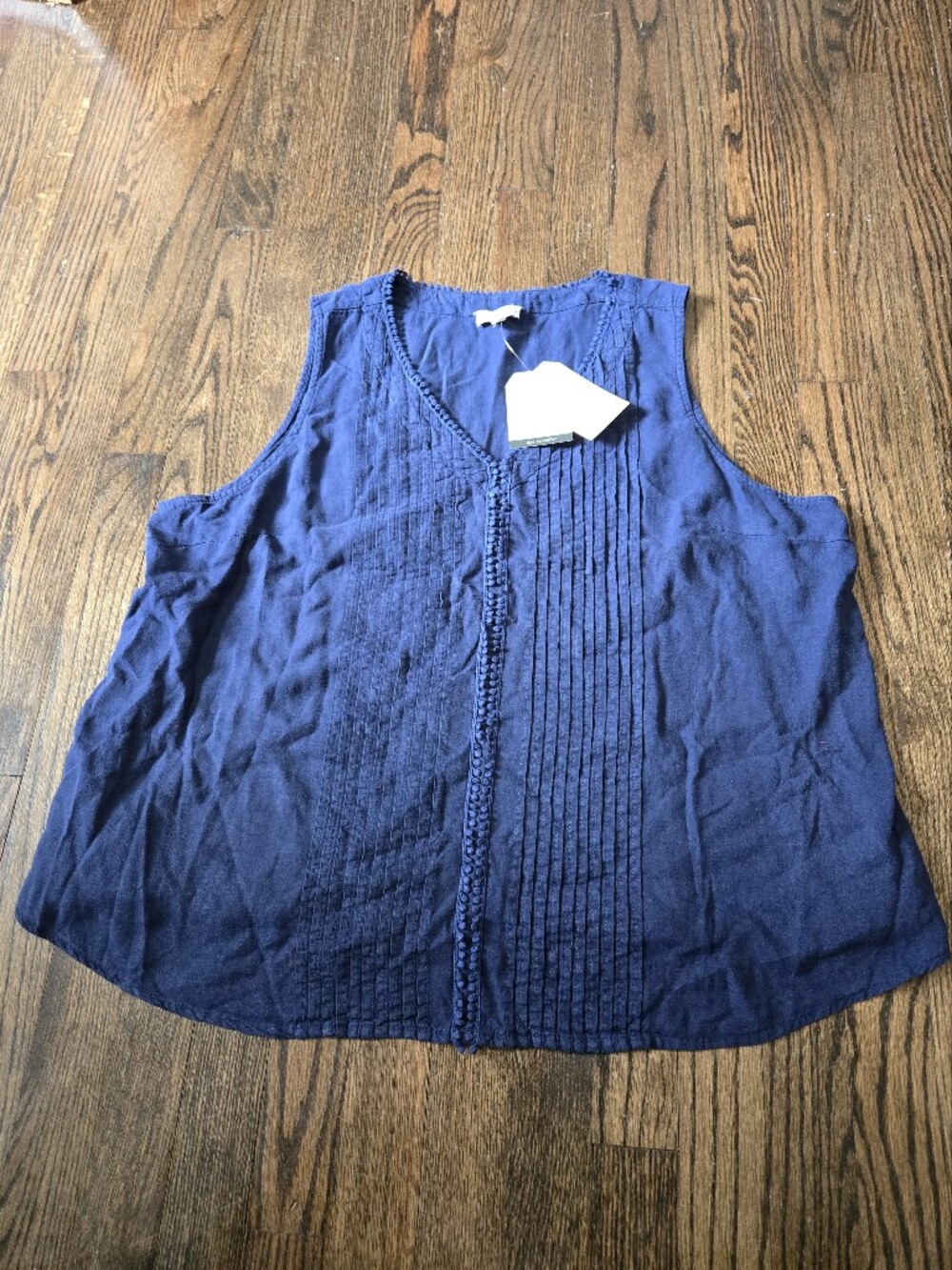 Wonderly Navy Linen Blend Pintuck Pom Pom Trim Sleeveless V-Neck Top NWT XXL